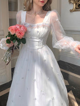 Autumn Spring White Mesh Fairy Dress Woman French Vintage Embroidery Floral Flare Sleeve Princess Prom Dresses Vestido Blanco