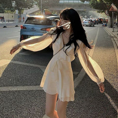 Summer Elegant Mini Dress Woman One Piece Dress Korean Elegant Party Beach Dress Female Lantern Sieeve Office Lady V-Neck