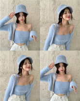 Spring 2 Piece Set Ribbed Knitted Women Cardigan + Camisole Outfits Slim Short Tops Long Sleeve Casual Camis and Cardigans Suit