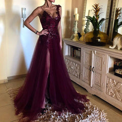 SoDigne Burgundy Sequin Evening Dress Sexy Slit Skirt V Neck Lace Applique Glitter Prom Gown formal dresses