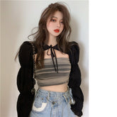 y2k Black Blouse Shirt Women's Autumn Puff Sleeve Slim-Fit Long-Sleeve Blouse Design Non-Mainstream Ultra-Short Top