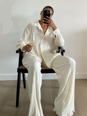 Lizakosht New Luxury Pleated Women's Set Oversized Two Piece Set Turn Down Collar Shirt Top And Pants Sets Casual High Street