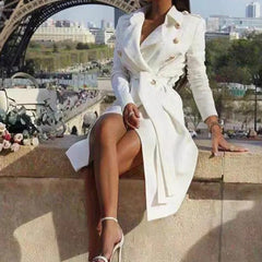 Lizakosht White Trench Coat for Women Vintage Double Breasted Slim Long Trench Female Winter New Office Lapel Solid Trench Dress OL Ladies