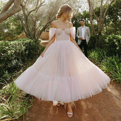 SoDigne Pink Dot Tulle Prom Dress 2021 Sweetheart Short Sleeves Evening Dresses Tea-Length A-Line Party Gowns For Women