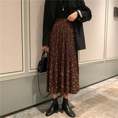 Vintage Floral Print A-line Pleated Long Skirts winter Women Korean Skirt Streetwear Drawstring Elastic Waist Midi Skirt lined