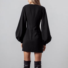 Lizakosht Elegant Square Collar Lady Party Dresses 2022 Office Fashion Slit Hollow Out Sleeve Slim Mini Dress Lantern Sleeve Women Dress