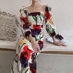Suummer New Vintage Square Collar Lantern Sleeve Print Dress Women Elegant Long Robe Modern Lady Floral Split Boho Vestidos