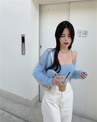 Spring 2 Piece Set Ribbed Knitted Women Cardigan + Camisole Outfits Slim Short Tops Long Sleeve Casual Camis and Cardigans Suit