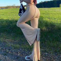 Fashion Apricot Black Joggers Women Knitted Long Flare Pants Slim High Waist Long Trousers Female Vintage Sweatpants