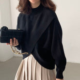 Sweater Korean Fashion 2022 Spring Autumn Solid Color Round Neck Cross Irregular Casual Long Sleeve Women's Slit Keep Warm