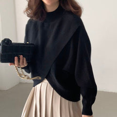 Sweater Korean Fashion 2022 Spring Autumn Solid Color Round Neck Cross Irregular Casual Long Sleeve Women's Slit Keep Warm