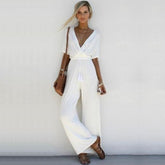 Women's Jumpsuit Sexy Cross Deep V Neck Half Sleeve Lace Up High Waist Wide Leg Pants Solid Elegant 2022 Summer Chic Jumpsuits