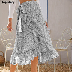 GypsyLady Chiffon Floral Wrap Skirt Spring Summer Casual Chic Women Skirt Ruffles Bandage Waist Tie Up Irregular Skirts New