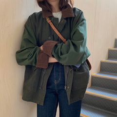 Lizakosht Korean Thick Autumn Vintage Lapel Casual Style Loose Full Lantern Sleeve Coats and Jackets Women Army Green Streetwear