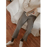Plaid Woolen High Waist Button Straight Pants Vintage Simple Korean Ankle Length Pants Harajuku Streetwear Loose Women Trousers