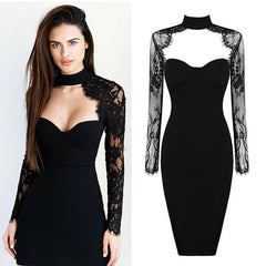 Lizakosht New Women's Bandage Dress Sexy V-Neck Lace Openwork Long-Sleeved Split Tight Dress Vestidos Sexy Embroidered Lace Bodycon Dress