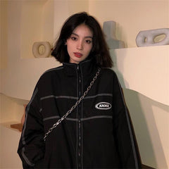 New black jacket women loose Korean vintage embroidery topstitch design thickened high street jacket unisexpunk goth streetwear