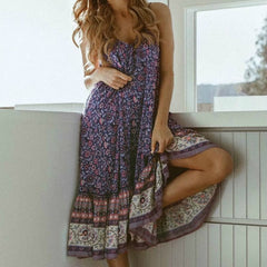 Lizakosht Vintage Women Floral Print Sleeveless Beach Bohemian Strap Dresses Ladies Summer Rayon Boho Midi Dress Vestidos