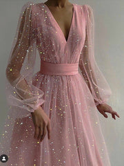 Sexy V Neck Graduation Dresses Fashion Long Sleeved Collect Waist Mesh Homecoming Vestido for Women Prom Robe Bridesmaid Dress