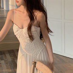 Elegant Camisole Dress Vintage Women Sexy High Waist Folds Fairy Strap Dress Evening Party 2022 Summer One Piece Dress Korean