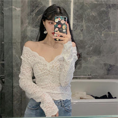 Bella Philosophy Wonder Sexy Lace Long Sleeve Blouse Female V-neck Tops Korean Fashion Lady Transparent Korean Bottoming Blouses