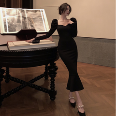 Lizakosht Black Elegant Evening Party Dress Women Slim French Vintage Y2k Midi Dress ladies Sexy Korean Fashion Dress Fishtail Winter