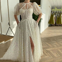 UZN Hot Sale Ivory Glitter Sequined Long Prom Dress Elegant A-Line O-Neck Evening Dress Sexy Party Dress with Pockets