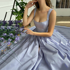 Lizakosht Chic Purple A-Line Long Satin Prom Dress With Pockets Sexy Square neck Lace-Up Corset Evening Gowns Saudi Arabia Party Dress