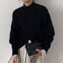 Sweater Korean Fashion 2022 Spring Autumn Solid Color Round Neck Cross Irregular Casual Long Sleeve Women's Slit Keep Warm