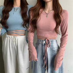 Elastic tight-fitting T-shirt women spring 2022 new sexy fashion short design long-sleeved knitted tops