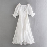 Summer midi dresses for women casual dresses bohemian vintage dress wrap dresses v neck elegant white dots dress short sleeve