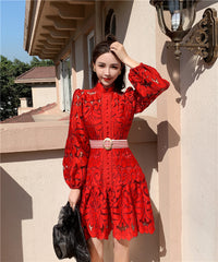 Runway Designer Spring Lace Party Dress 2021 New Women Lantern Sleeve Hollow Out Dress Fashion Holiday Belt Mini Dresses