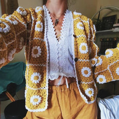 Foridol Sunflower Crochet Yellow Knitted Sweater Cardigans Women Spring Autumn Casual Hollow Out Short Cardigan Harajuku