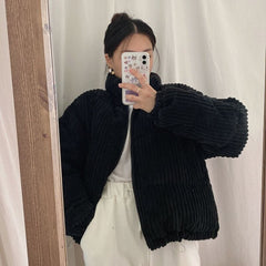 Autumn Winter Corduroy Stand-up collar Parka Harajuku Loose Corduroy Jacket Women Thick Short Coats Women Elegant Coat Women