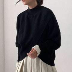 Sweater Korean Fashion 2022 Spring Autumn Solid Color Round Neck Cross Irregular Casual Long Sleeve Women's Slit Keep Warm