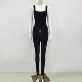 High Quality Black White sleeveless Weaving Rayon Bandage Jumpsuit Cocktail Party Bodycon Jumpsuit Vestidos