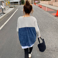 Chic Pacthwork Sweater Women Winter Knitwear 2022  Women's Jumper Loose Oversize V Neck Long Sleeve Female Jersey Knitted Tops