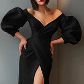 Sexy V Neck Women Wrap Dress Lantern Sleeve Slit Dresses Night Celebrate White Black Party Date Robe Vestidos Female New Fashion