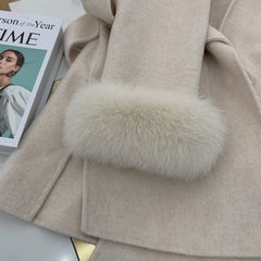 Lizakosht Luxury Oversized Real Cashmere Blend Coat Women Winter Wool Hooded Cardigan Jacket With Genuine Fox Fur Collar