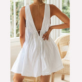 High Waist Drawstring Women Dress Sleeveless V Neck Lace Macrame Patchwork A-Line Dresses Casual Summer Elegant Clothes