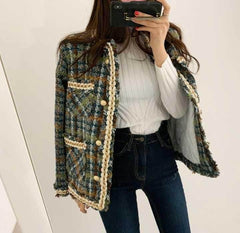 Lizakosht  Knitting Slim Woolen Jackets Women Vintage Tweed Coat Outerwear Coats Channel Style Za Suit Cropped Stripeed Kawaii