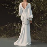 Lizakosht V-Neck Backless Mermaid Wedding Dresses Long Sleeve Satin Floor-Length Bridal Gown vestido de noiva robe de mariée