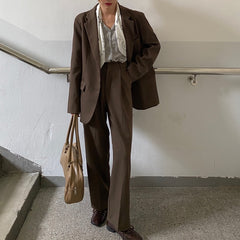 New Fashion Vintage Blazer Pants Suit OL Elegant Business Wear Blazers + High Waist Wide Leg Pants Suits 2 Piece Set