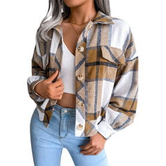 Lizakosht Women Plaid Wool Jacket, Adults Button-down Color Block Lantern Sleeve Lapel Cardigan