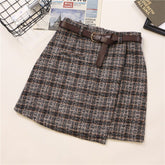Vintage High Waist A-Line Skirt Sashes Irregular Fashion Lining Mini Plaid Skirt Women's Spring New Korean