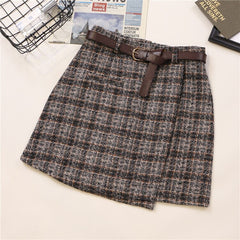 Vintage High Waist A-Line Skirt Sashes Irregular Fashion Lining Mini Plaid Skirt Women's Spring New Korean