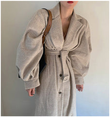 Winter Woolen Coat Women Lantern Sleeve Turn Down Collar Single Breasted Plaszcze Damskie Autumn Manteau Femme Hiver 2021