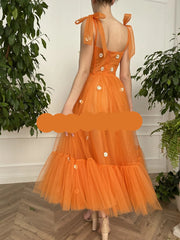 Fashion Orange Party Dresses Sweetheart Sleeveless Little Flowers Butterfly Tulle A Line Ankle Length Prom Dress
