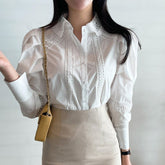 Early Autumn New Blouse Female Korean Lapel Hollow Lace Stitching Striped Blusa Loose Single-breasted Puff Sleeve Shirt DK1238