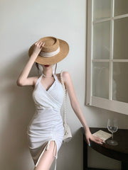 Lizakosht halter neck slim package hip short dress female summer 2022 new sling dress strapping ruched irregular bodycon dresses